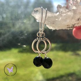 Black Onyx Silver Hoop Drop Earrings